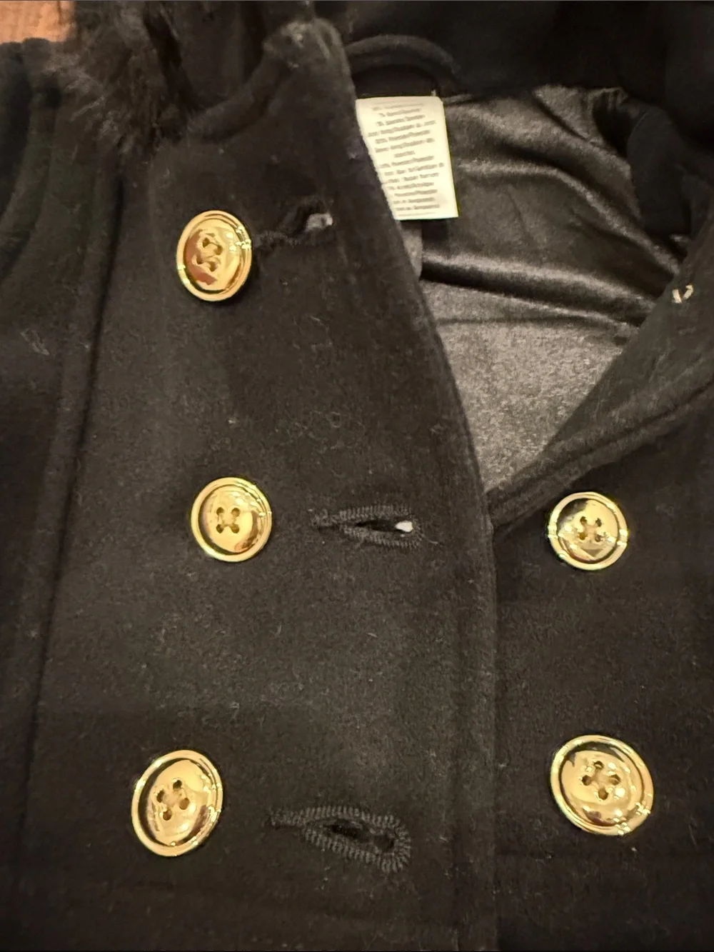Gymboree Black Hooded Pea Coat with Faux Fur Trim and Gold Buttons